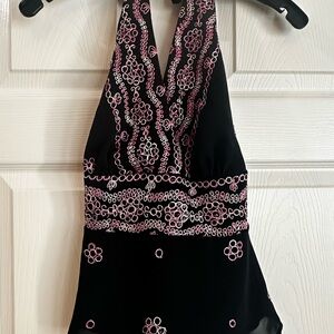 Cache Black and Pink Embroidered Sequin Halter Blouse